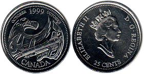 moneda canadiense conmemorativa 25 centavos 1999