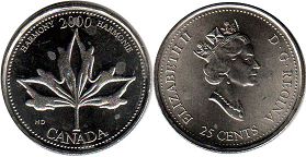 moneda canadiense conmemorativa 25 centavos 2000