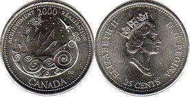 moneda canadiense conmemorativa 25 centavos 2000