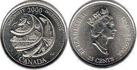 moneda canadiense conmemorativa 25 centavos 2000