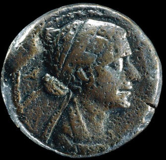 Portrait of Cleopatra on a bronze coin minted in Alexandria in 51-30 BC.