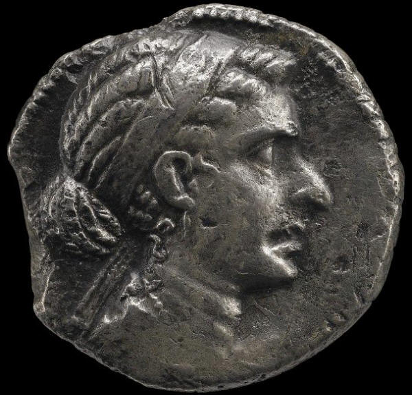 Portrait of Cleopatra on an Egyptian silver tetradrachm 50-49 BC.