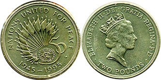 coin UK 2 pounds 1995 United Nations for Peace