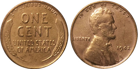 US coin 1 cent 1942 bronze