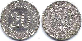 coin German Empire 20 pfennig 1890