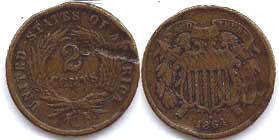 viejo Estados Unidos moneda 2 centavos 1864