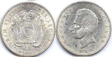 moneda Ecuador 5 sucre 1943