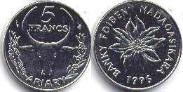 coin Madagascar 5 francs 1996