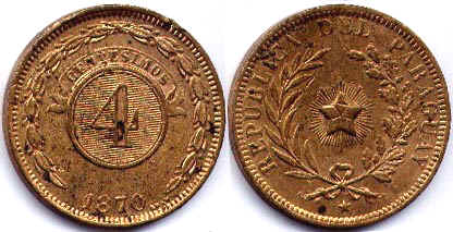 moneda Paraguay 4 centésimos 1870