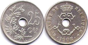 pièce Belgique 25 centimes 1908