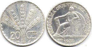 moneda Uruguay 20 centesimos 1930 Centenario Constitucional
