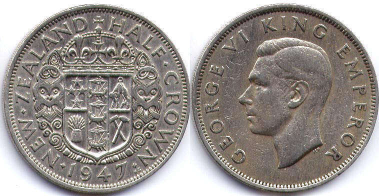 coin New Zealand 1/2 crown 1947