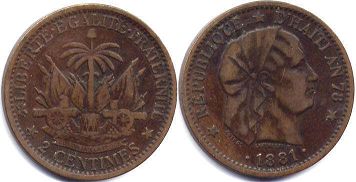 piece Haiti 2 centimes 1881