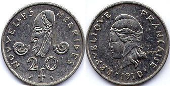 coin New Hebrides 20 francs 1970