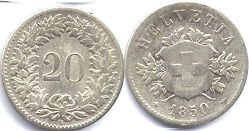coin Switzerland 20 rappen 1850