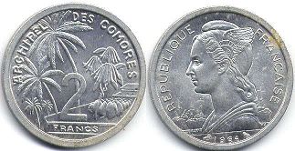 piece Comoros 2 francs 1964