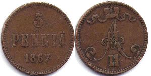 mynt Finland 5 pennia 1867