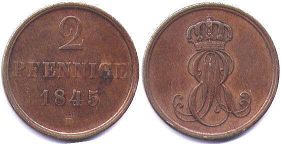 Münze Hannover 2 Pfennig 1845