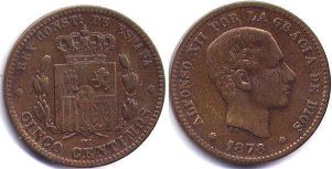 moneda España 5 céntimos 1878