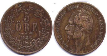 coin Sweden 5 ore 1858