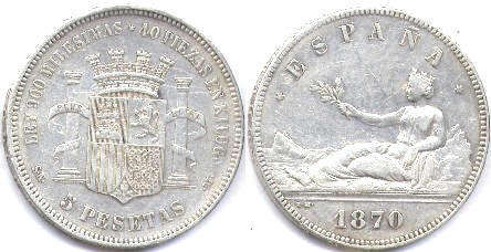 coin Spain 5 pesetas 1870