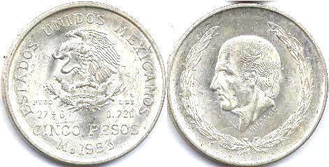 moneda Mexico 5 pesos 1953