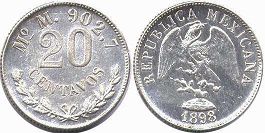 moneda Mexico 20 centavos 1898