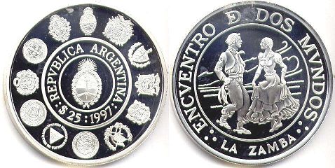 moneda Argentina 25 pesos 1997 Samba