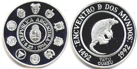 moneda Argentina 25 pesos 1994 Armadillo Gigante