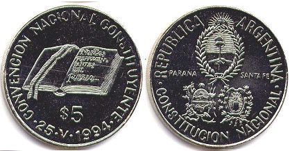 moneda Argentina 5 pesos 1994 Constitucion