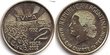 moneda Argentina 2 pesos 2002 Eva Peron