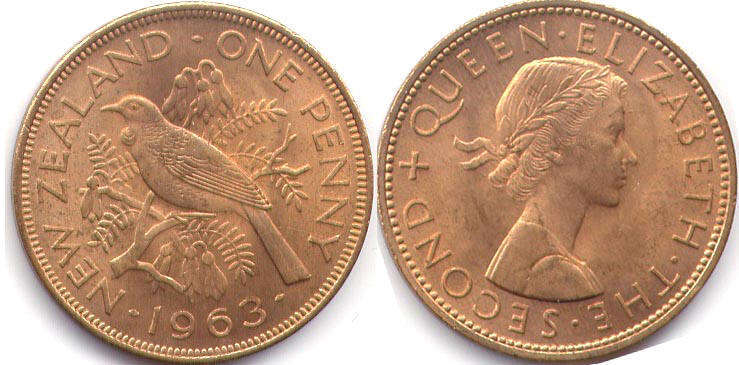 coin New Zealand 1 penny 1963