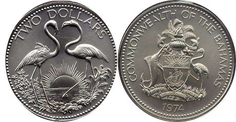 coin Bahamas 2 dollars 1974