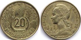 piece Madagascar 20 francs 1953