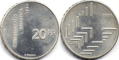 Münze Schweiz 20 Franken 1991