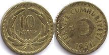moneda Turkey 10 kurush 1951
