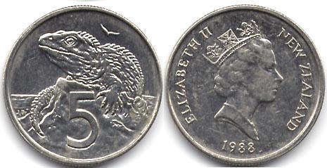 coin New Zealand 5 cents 1988