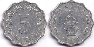 coin Malta 5 mils 1972