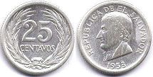moneda Salvador 25 centavos 1953