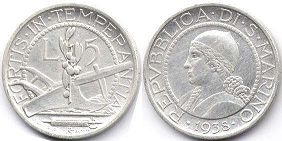coin San Marino 5 lire 1938