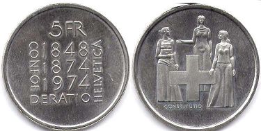 coin Switzerland 5 francs 1974