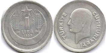 coin Turkey 1 lira 1939