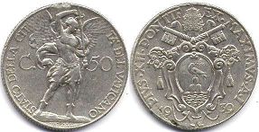 moneta Vatican 50 centesimi 1939