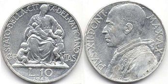 moneta Vatican 10 lire 1948