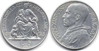 moneta Vatican 5 lire 1949