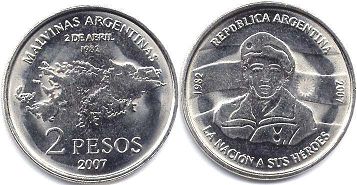 moneda Argentina 2 pesos 2007 guerra de Malvinas