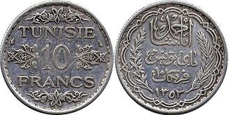 coin Tunisia 10 francs 1934