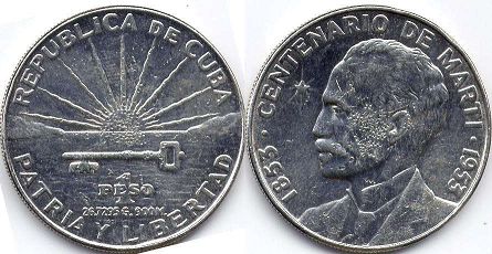 moneda Cuba 1 peso 1953 Jose Marti