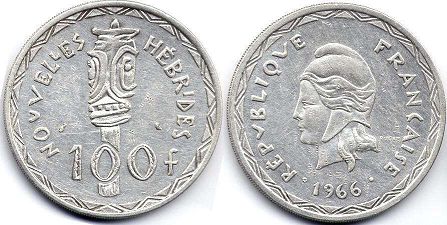 coin New Hebrides 100 francs 1966