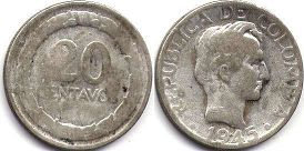 20 centavos a pesos colombianos 1945 antigua